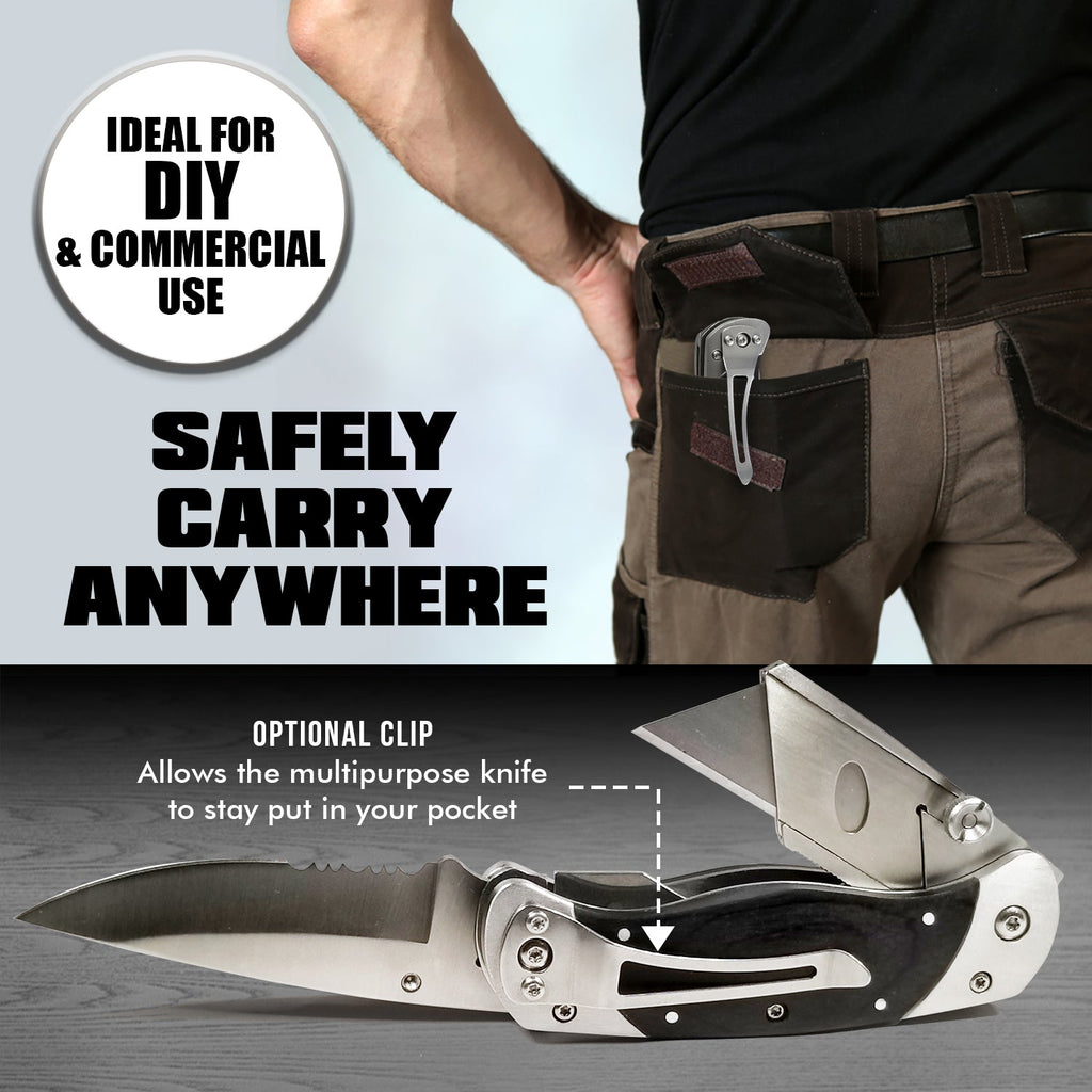 Multifunctional knife with clip feature, ideal for DIY and commercial use.