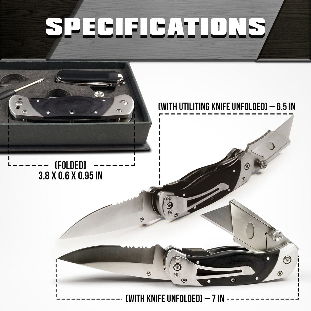 Folding knife with open and closed views, dimensions labeled, and a black sheath.