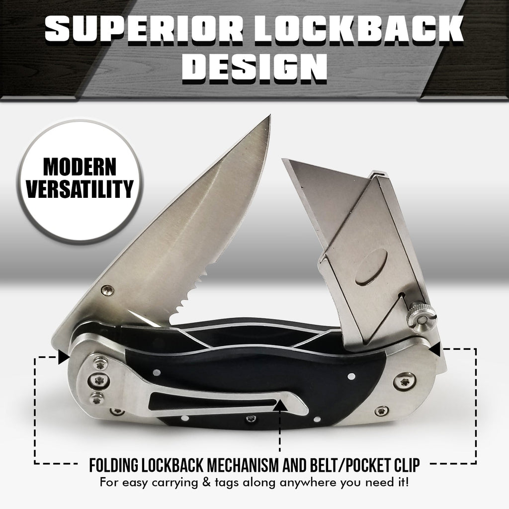 Folding knife with lockback mechanism and belt/pocket clip on a gray background
