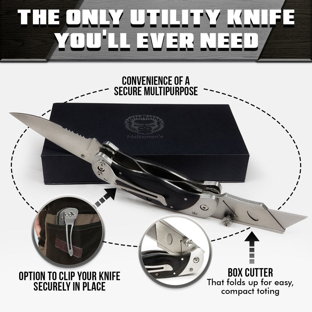 Multifunctional knife with features highlighted on a white background