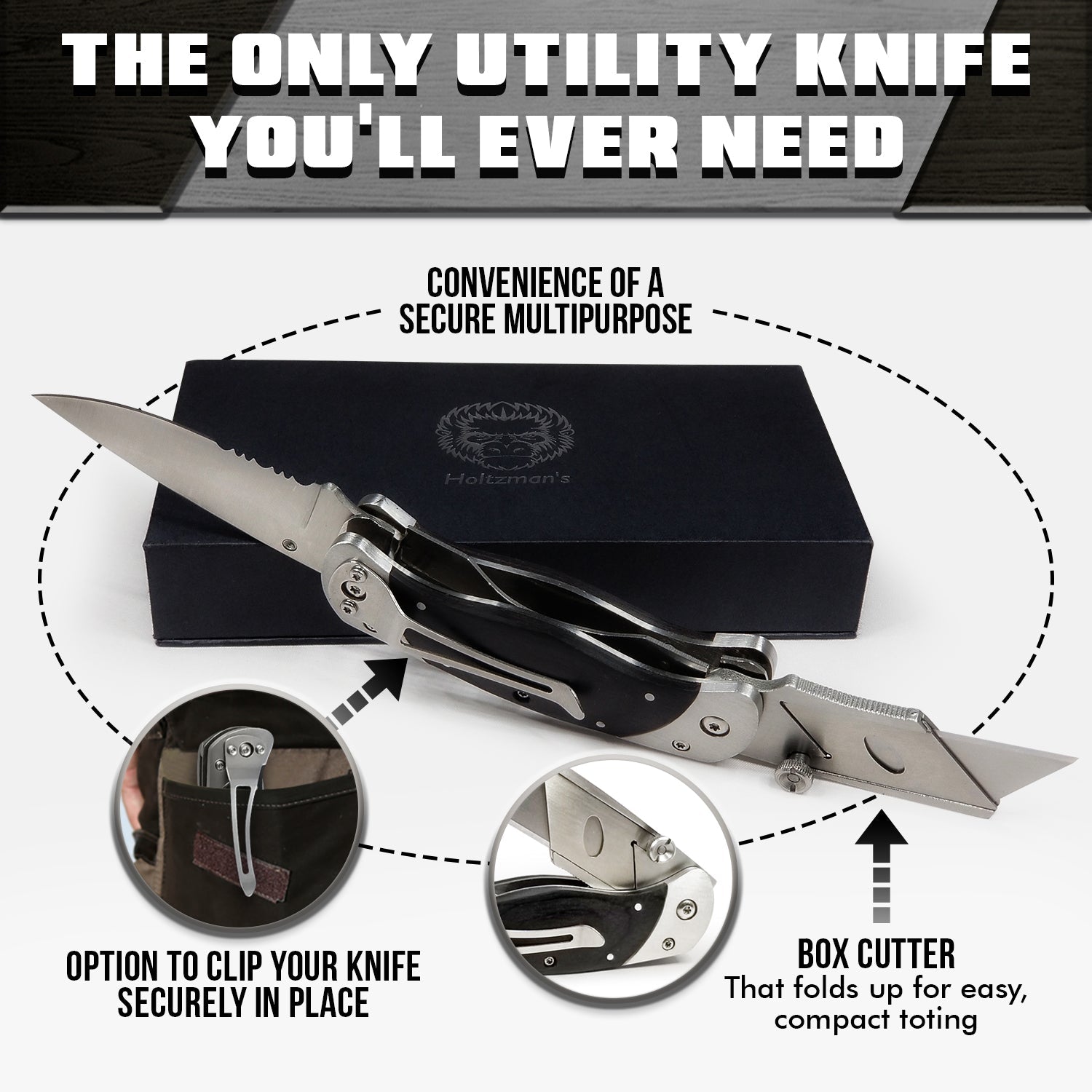 Multifunctional knife with features highlighted on a white background