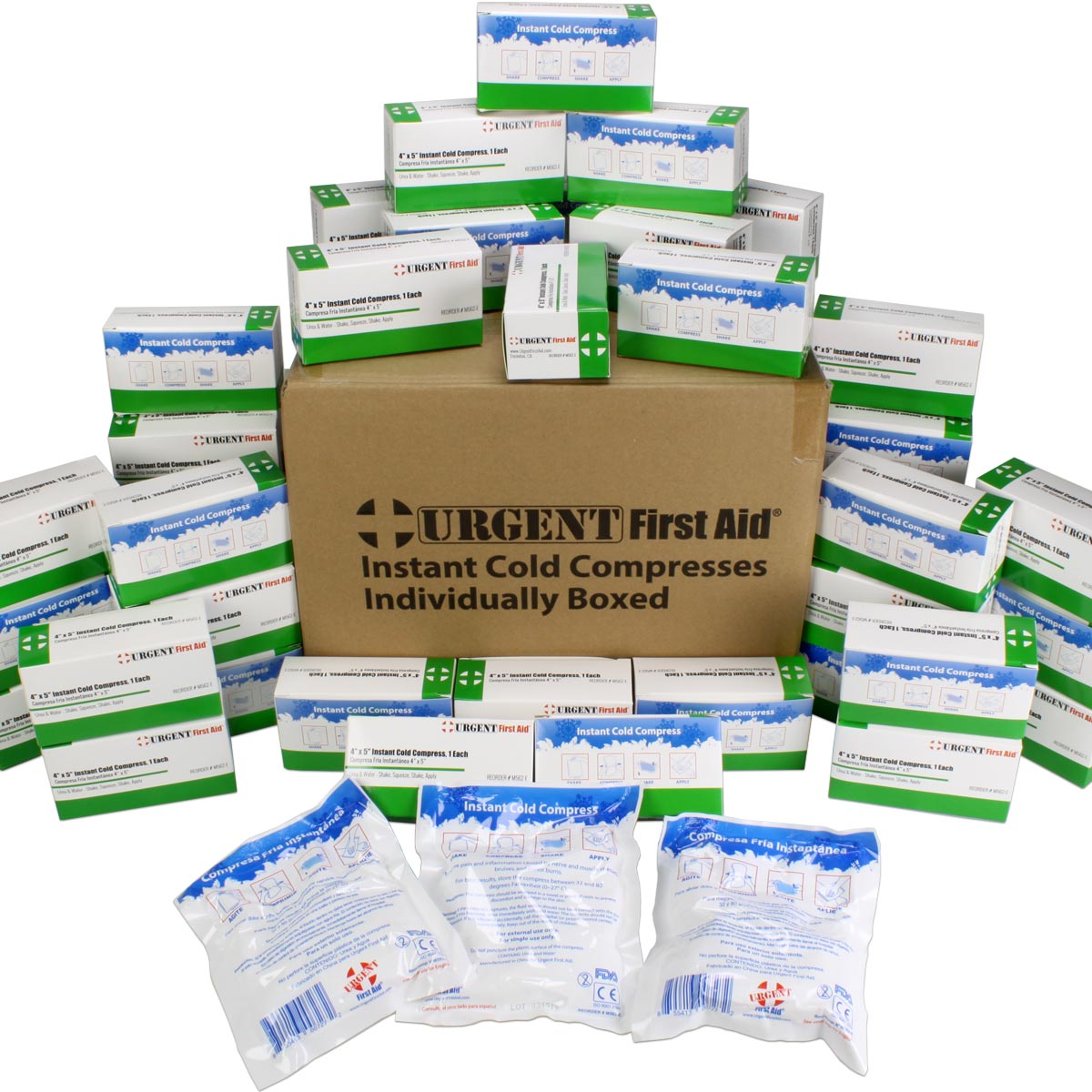 Urgent First Aid instant cold compresses packaging with a cardboard box on a white background