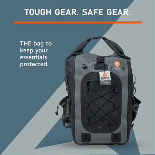 Backpack with visible brand logo on a blue and gray background
