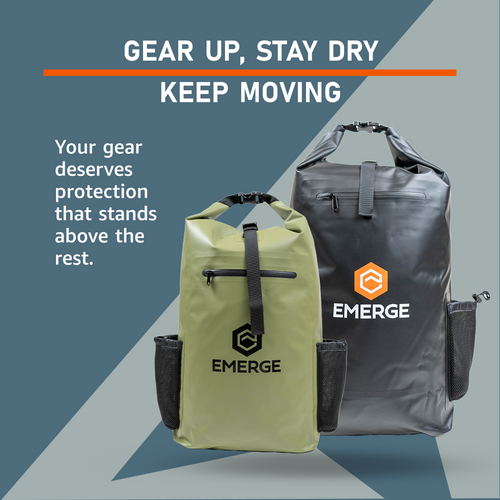 Two dry bags with 'Emerge' branding on a blue and gray background with promotional text.