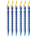 Set of six blue tent stakes with yellow strings on a white background