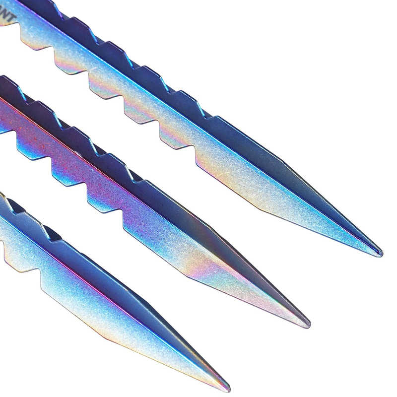 Two colorful knife blades with a metallic sheen on a white background