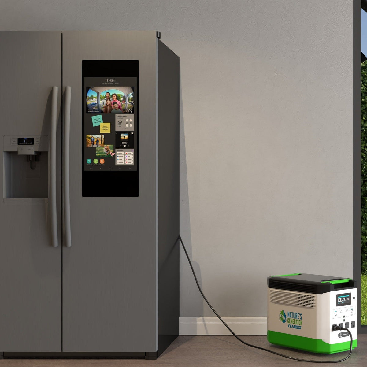 Smart refrigerator with digital display next to a power station on a neutral background