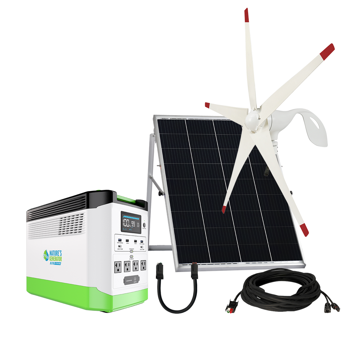 Solar panel, wind turbine, and power station on a white background