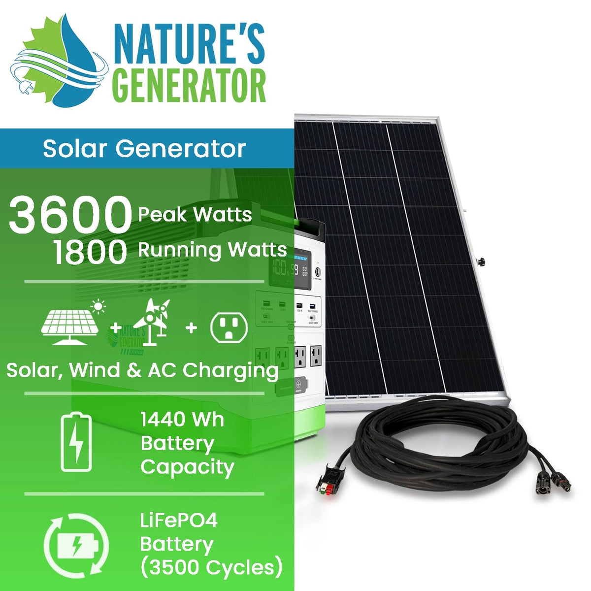 Nature's Generator solar generator with solar panel and battery on a white background