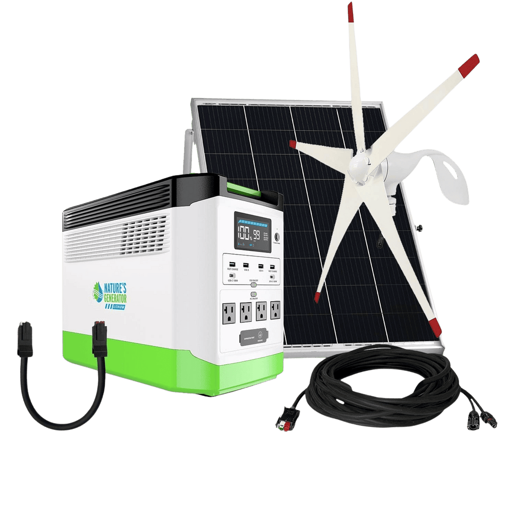 Green and white power station with solar panel and wind turbine on a transparent background