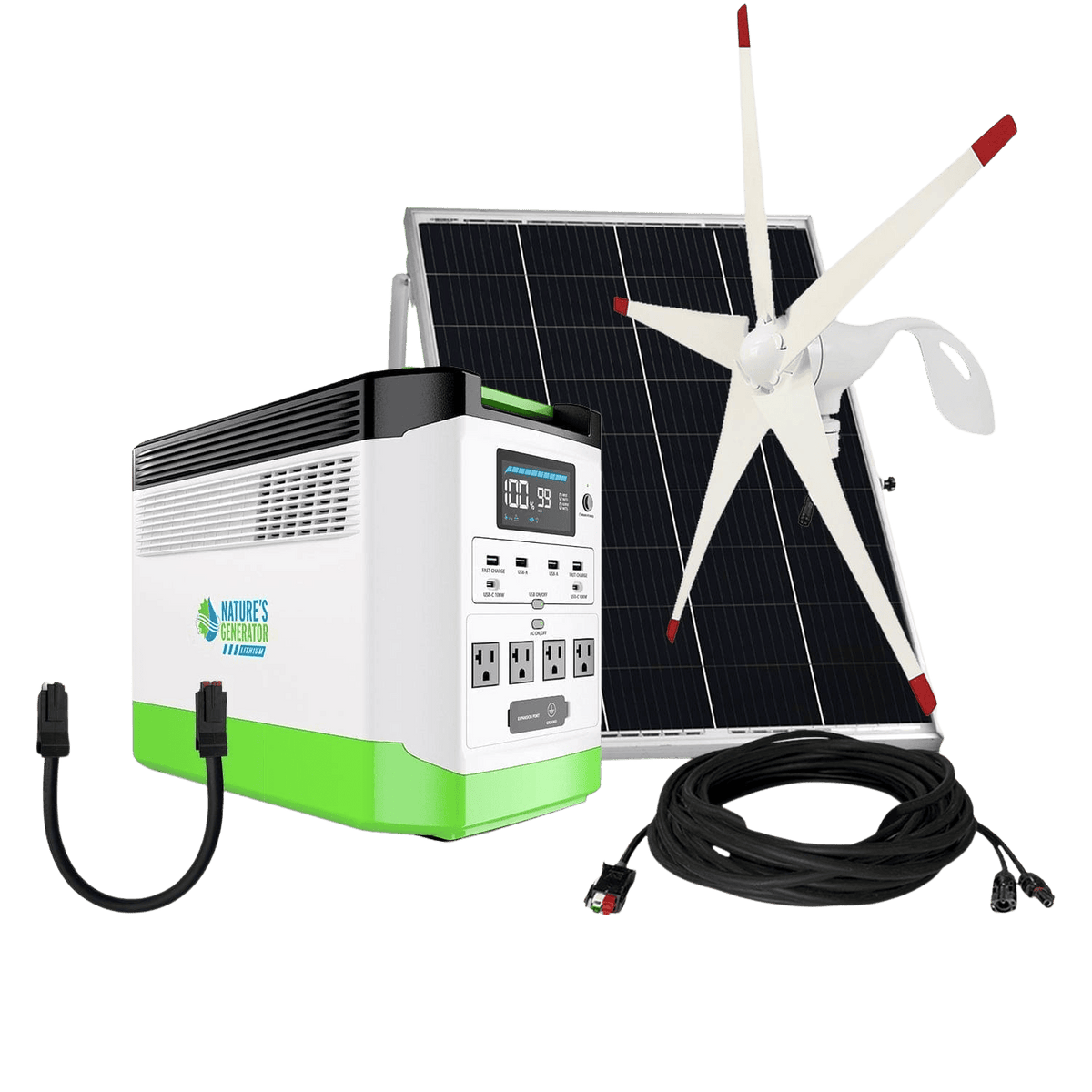 Green and white power station with solar panel and wind turbine on a transparent background