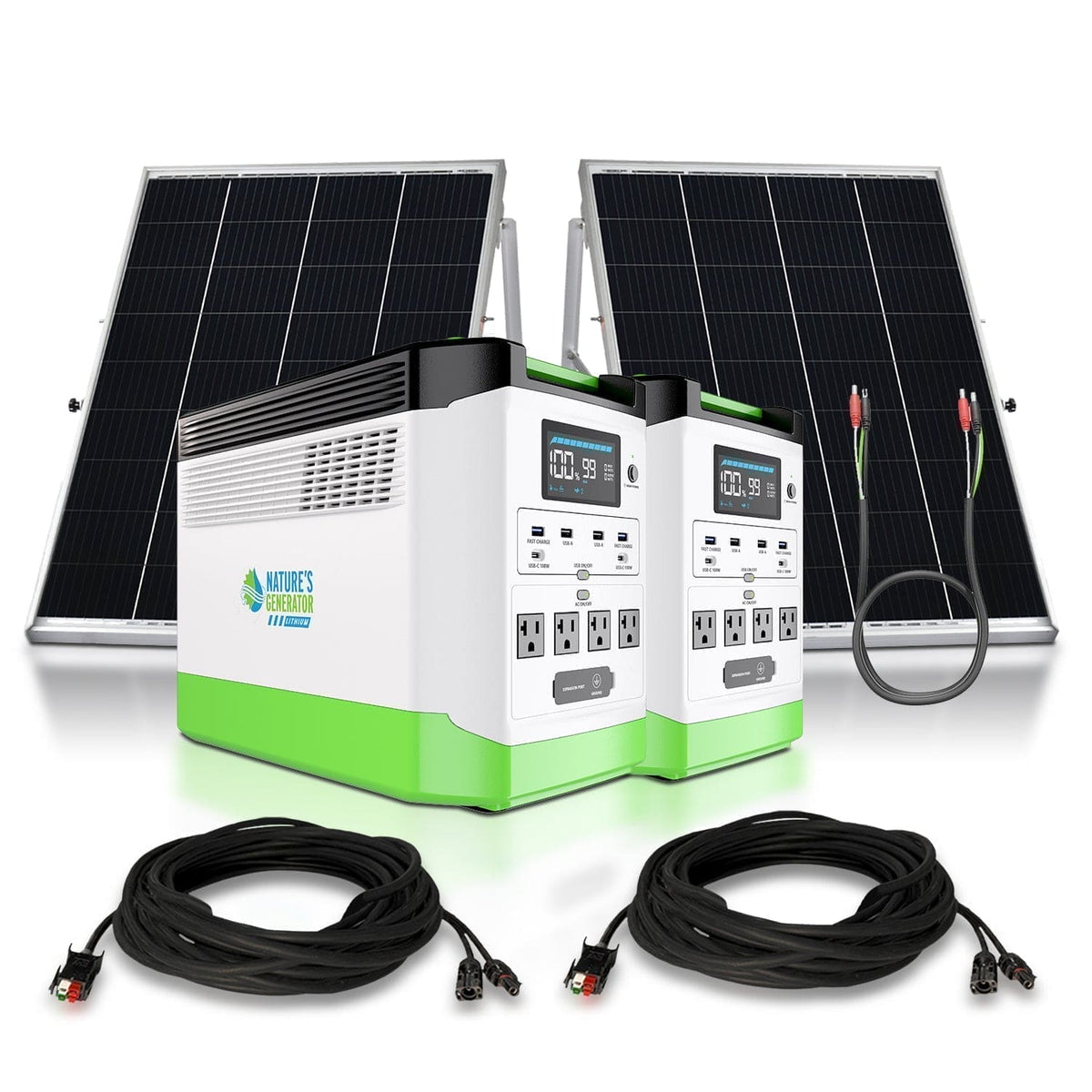 Solar power system with two solar panels and a battery storage unit on a white background