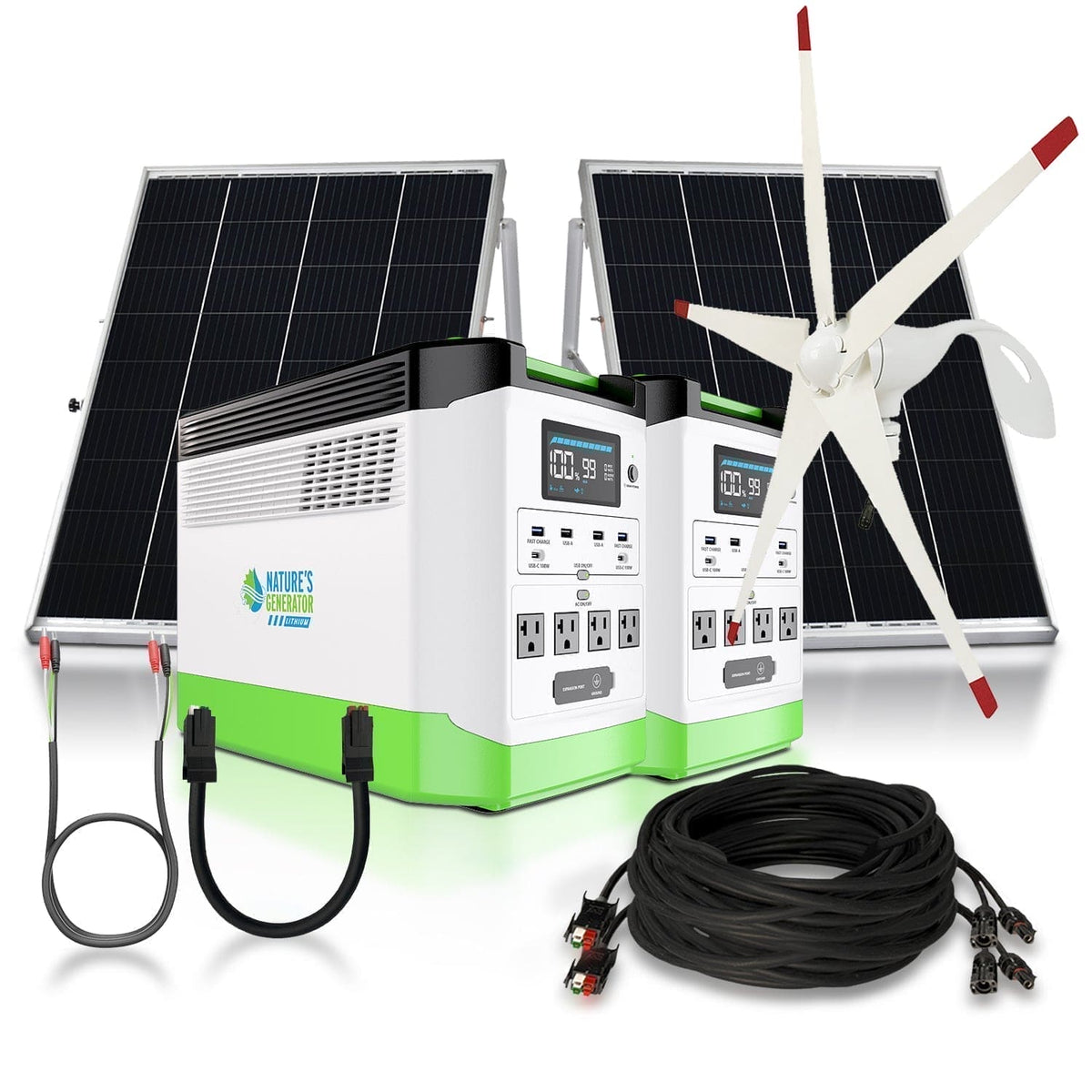 Solar power station with solar panels and a wind turbine on a white background