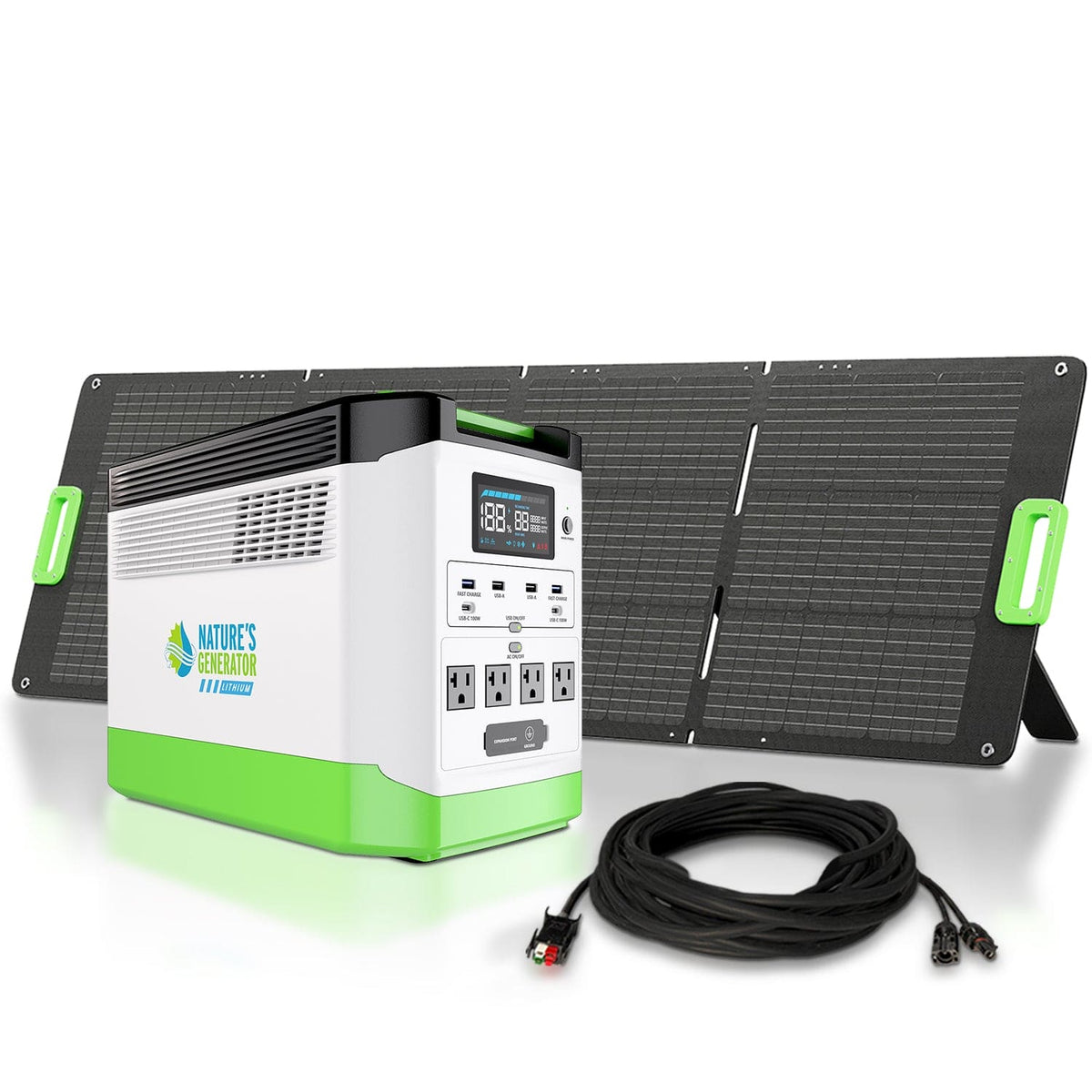 Portable power station with solar panel and cable on a white background