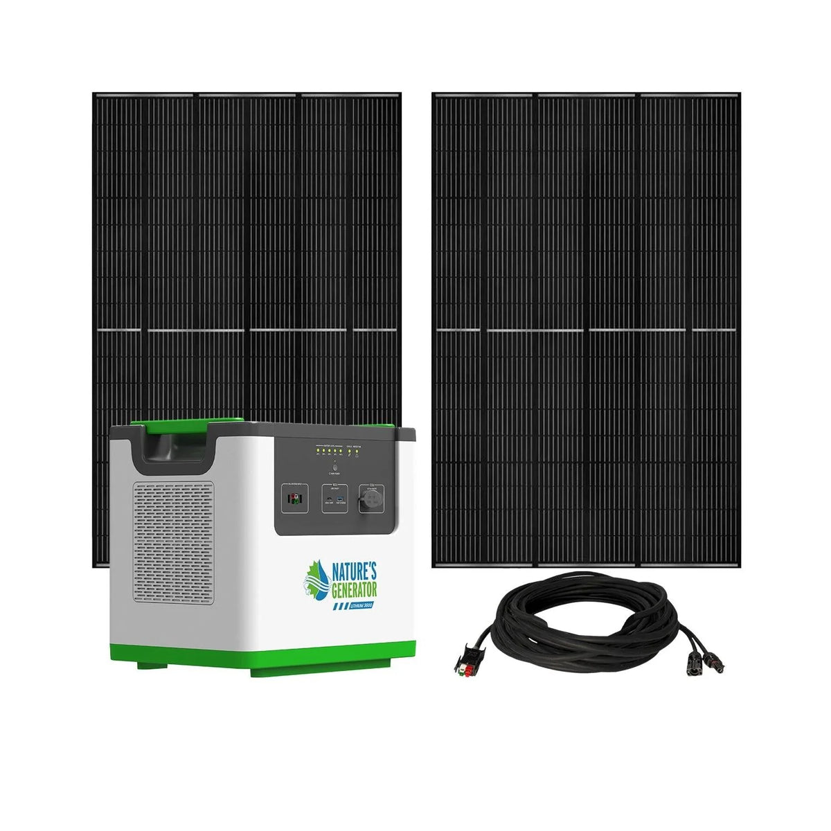 Solar panel system with two solar panels and a power station on a white background