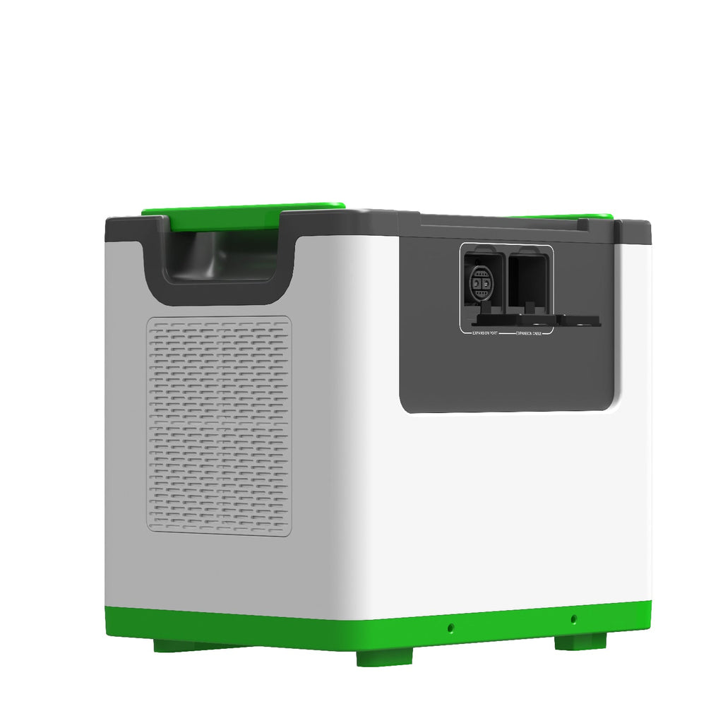 Portable power station with green and gray design on a white background