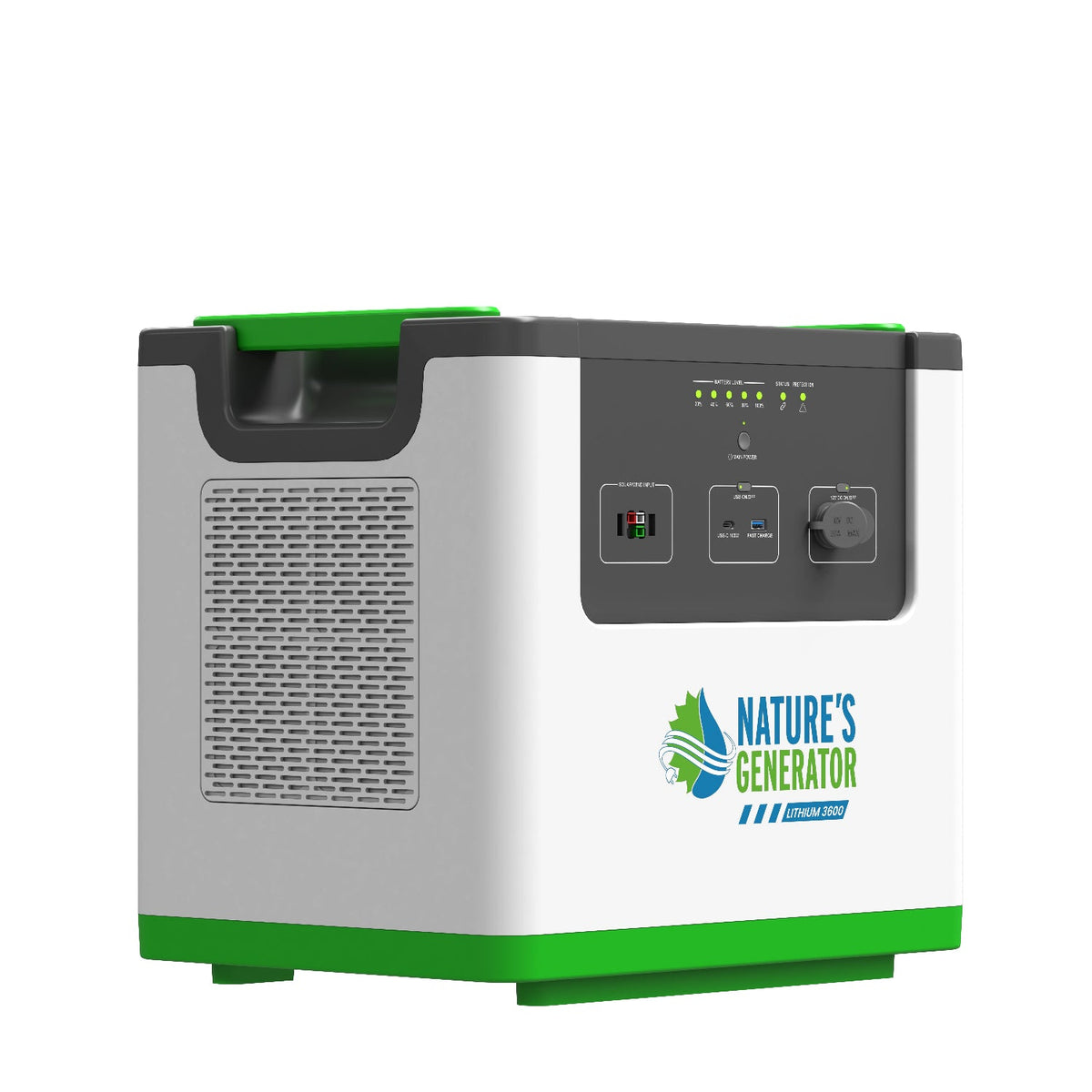 Portable power station with green and gray design on a white background, featuring 'Nature's Generator' branding.