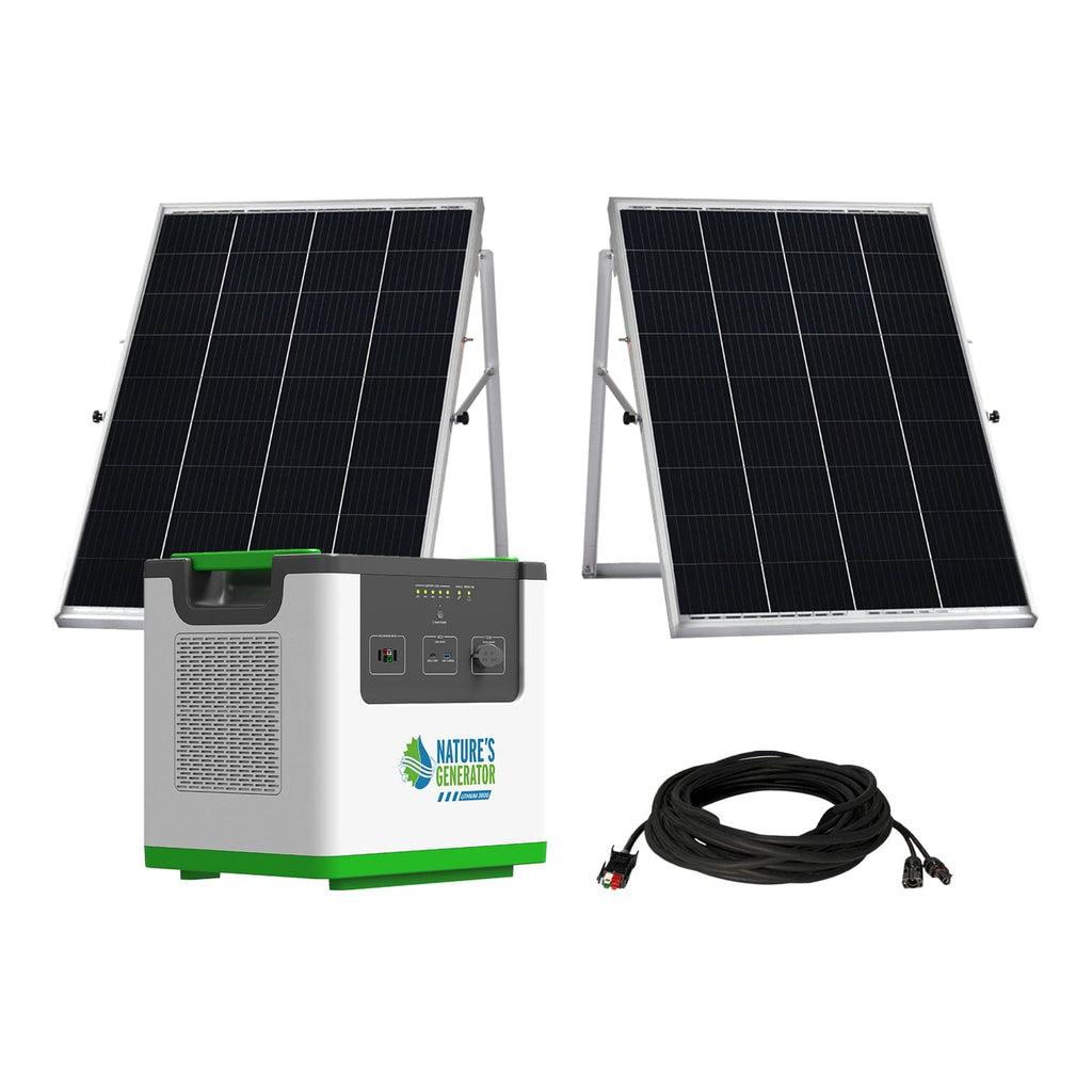 Solar power system with two solar panels and a battery pack on a white background