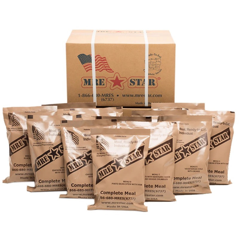 MRE Star military ration packs with a cardboard box on a white background