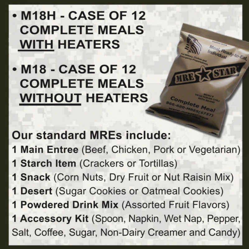 MRE (Meal Ready to Eat) packaging with text detailing MRE components and options.