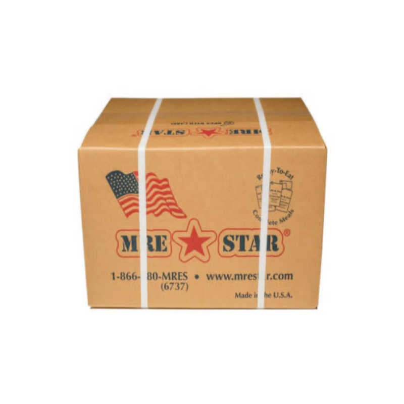 Cardboard box with MRE Star branding on a white background
