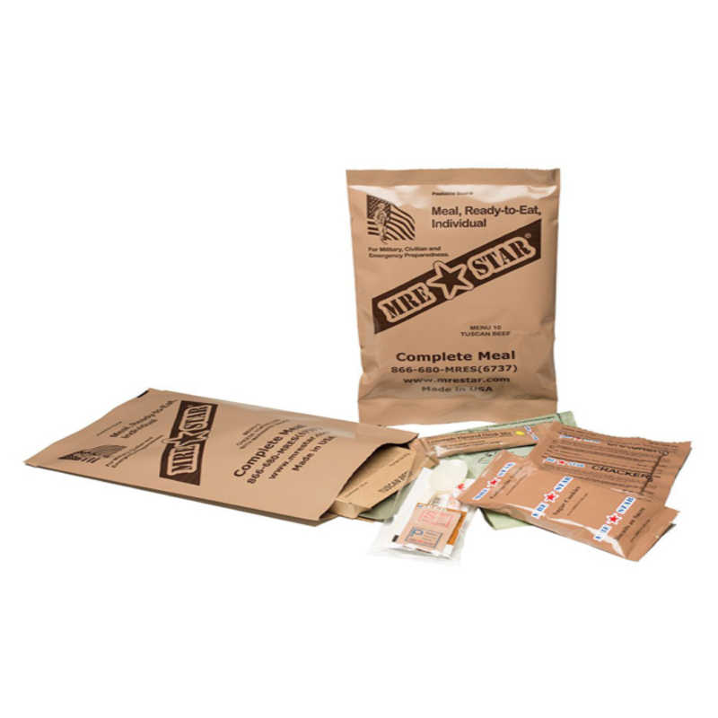 MRE Star military ration packs on a white background