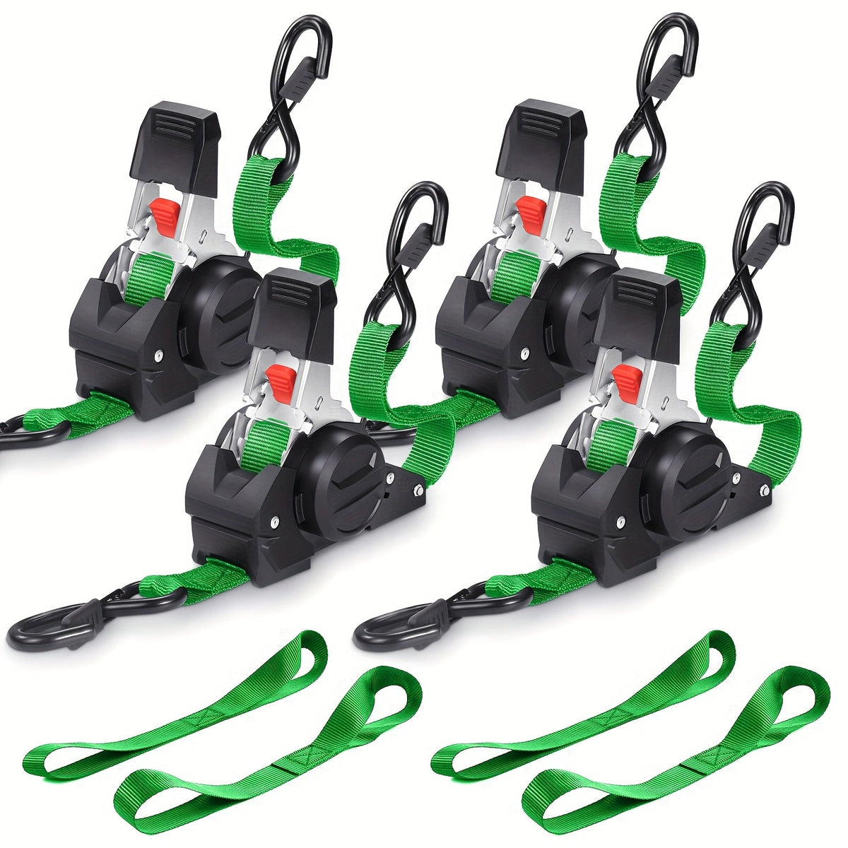 Set of six green vehicle straps with black clips on a white background