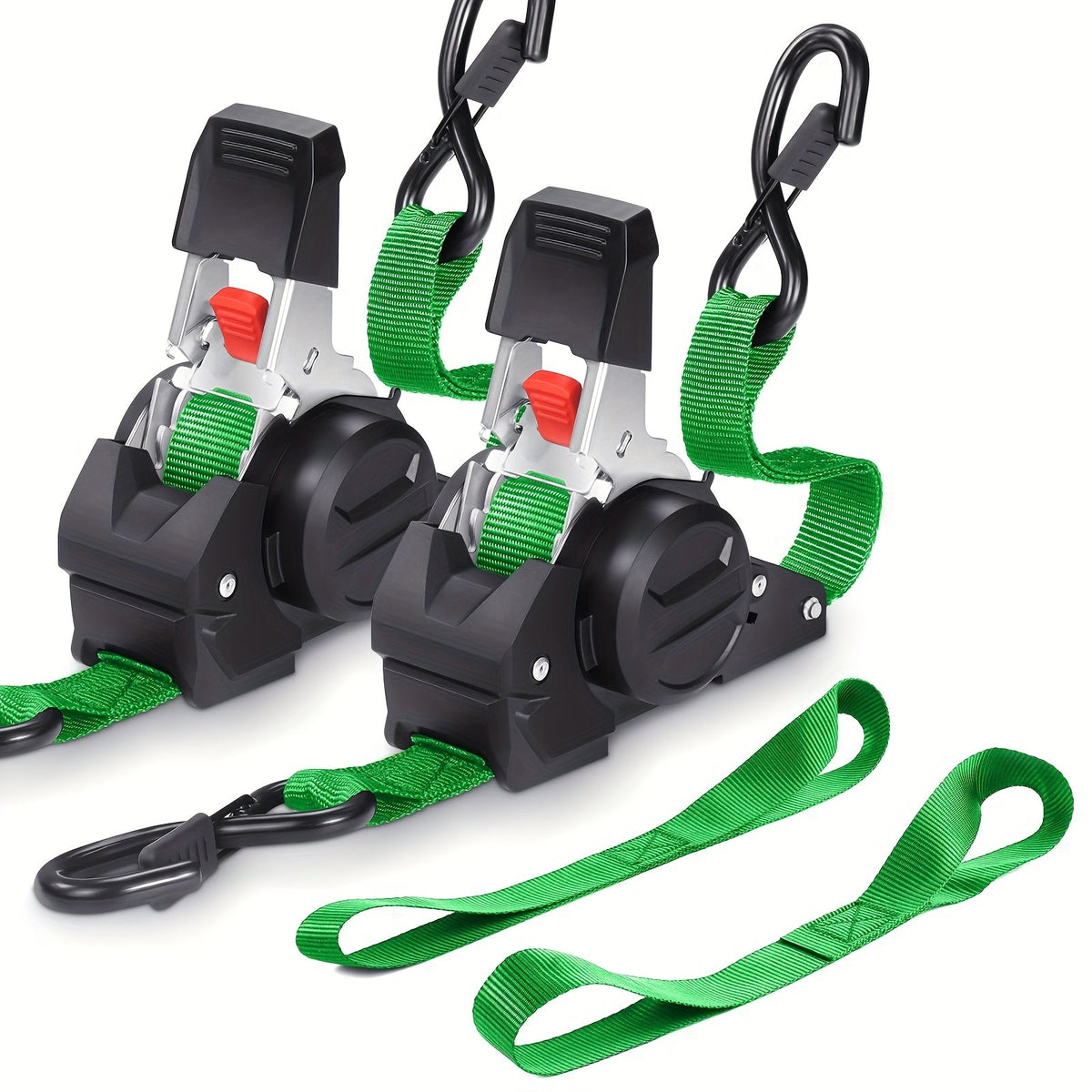 Two black strap tensioners with green straps on a white background