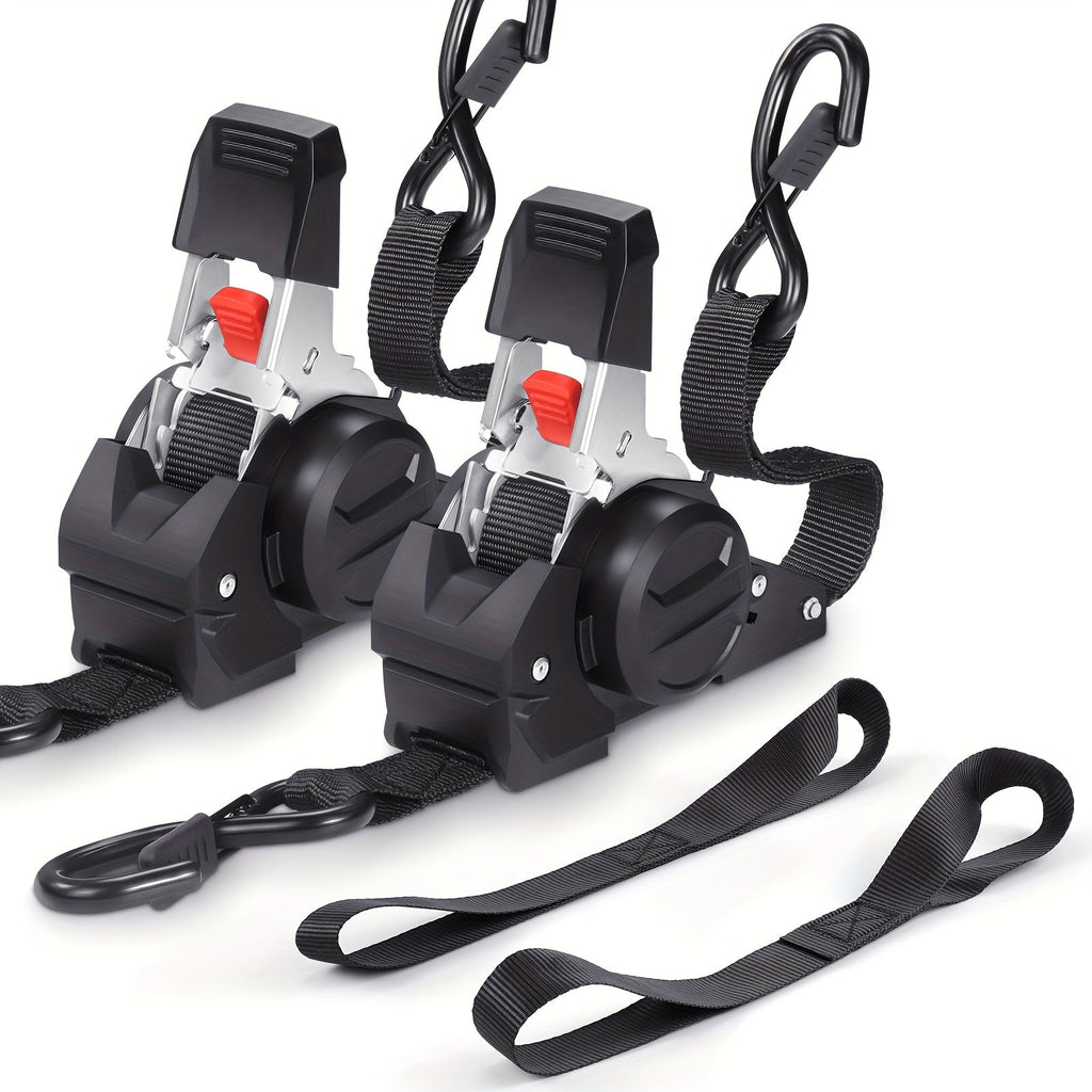 Two black vehicle roof racks with straps on a white background