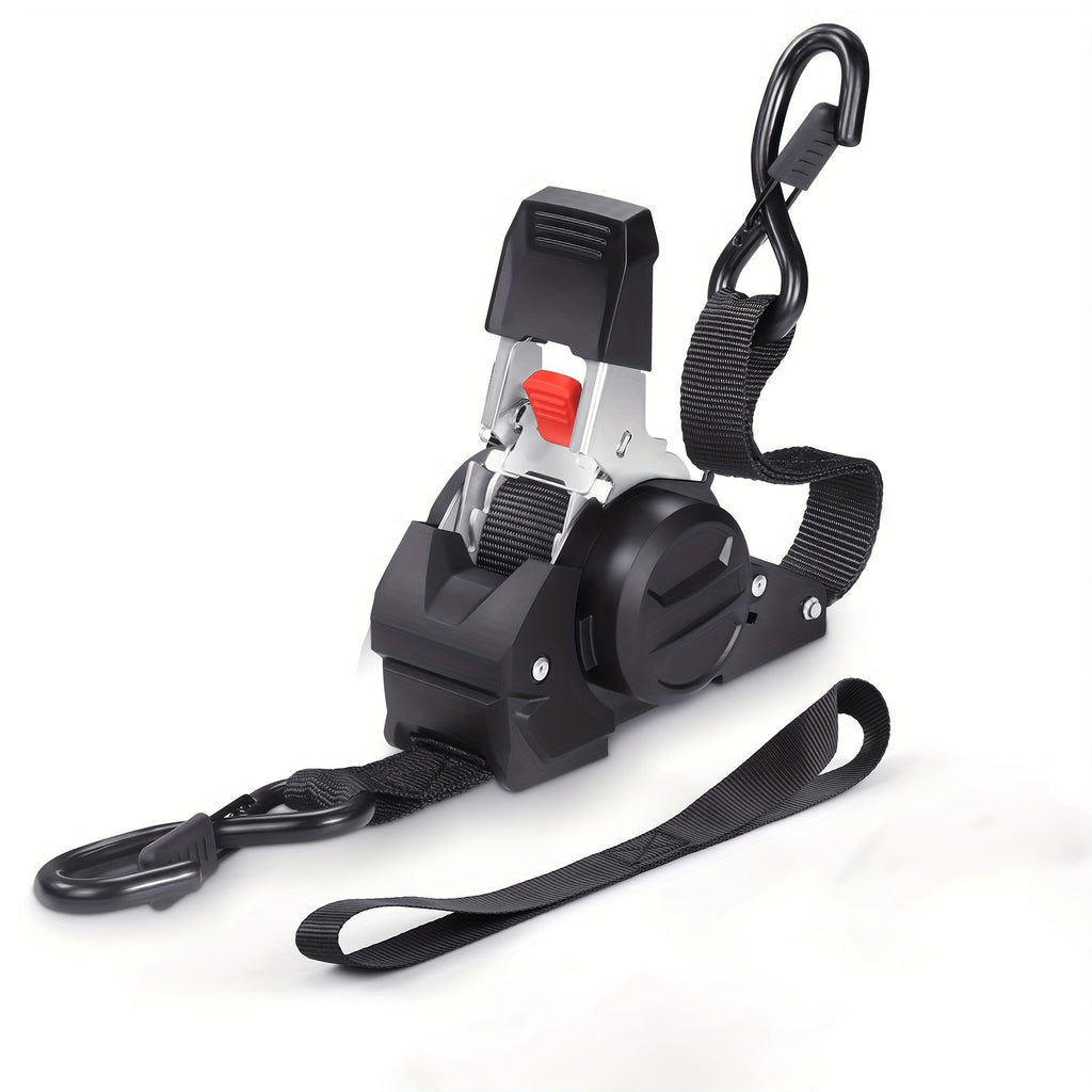 Black vehicle cargo strap with clip on a white background