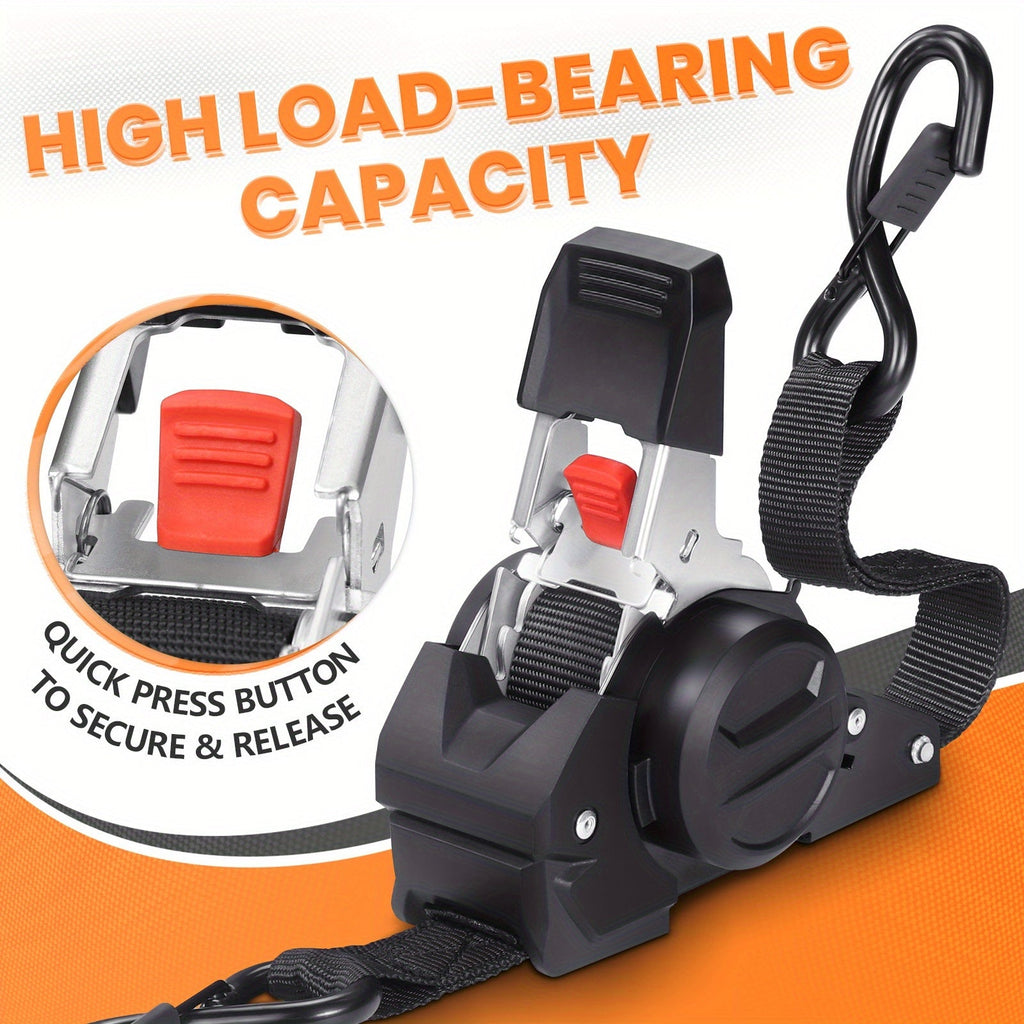 Ratchet strap with quick release button on an orange background