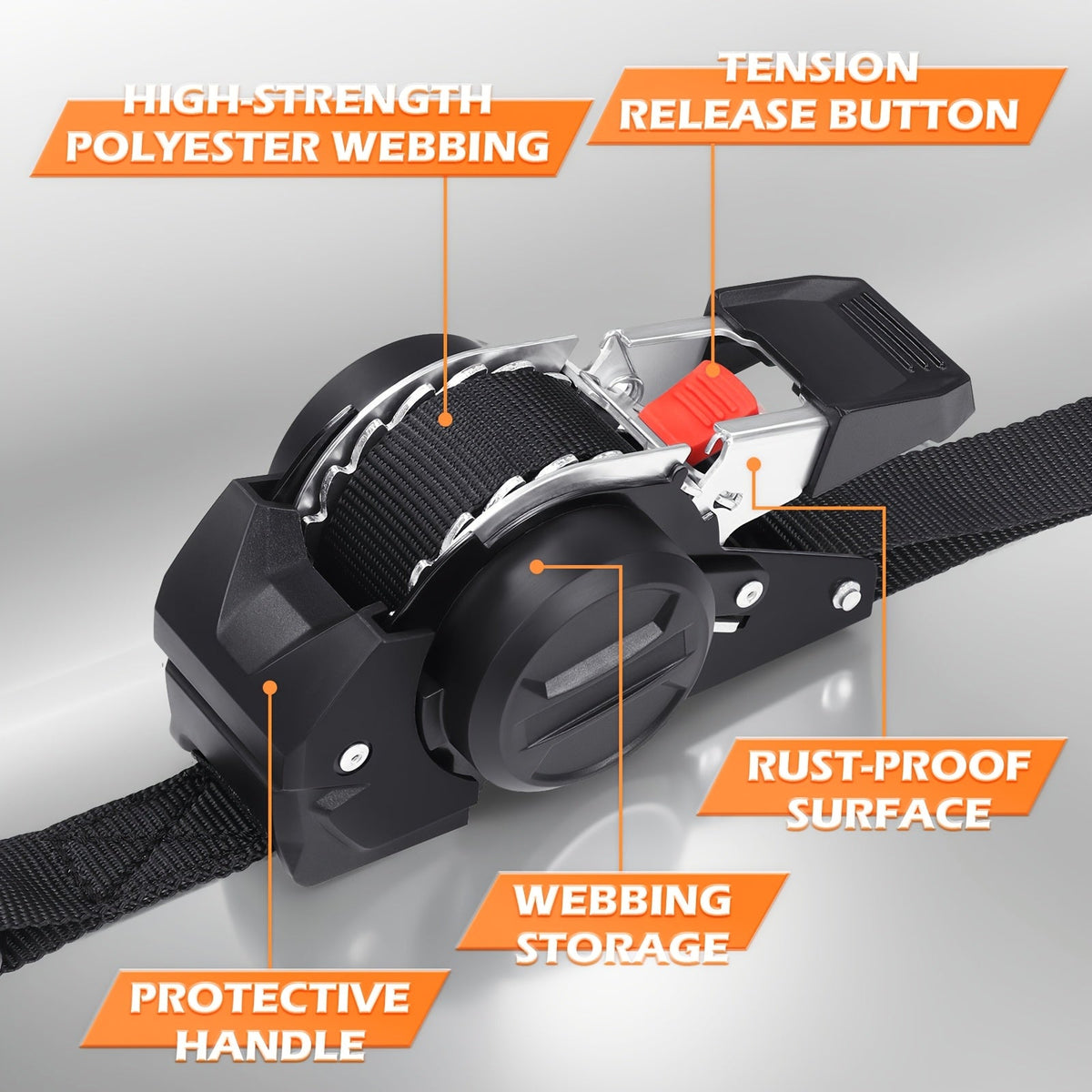 Ratchet strap with labeled features on a gray background