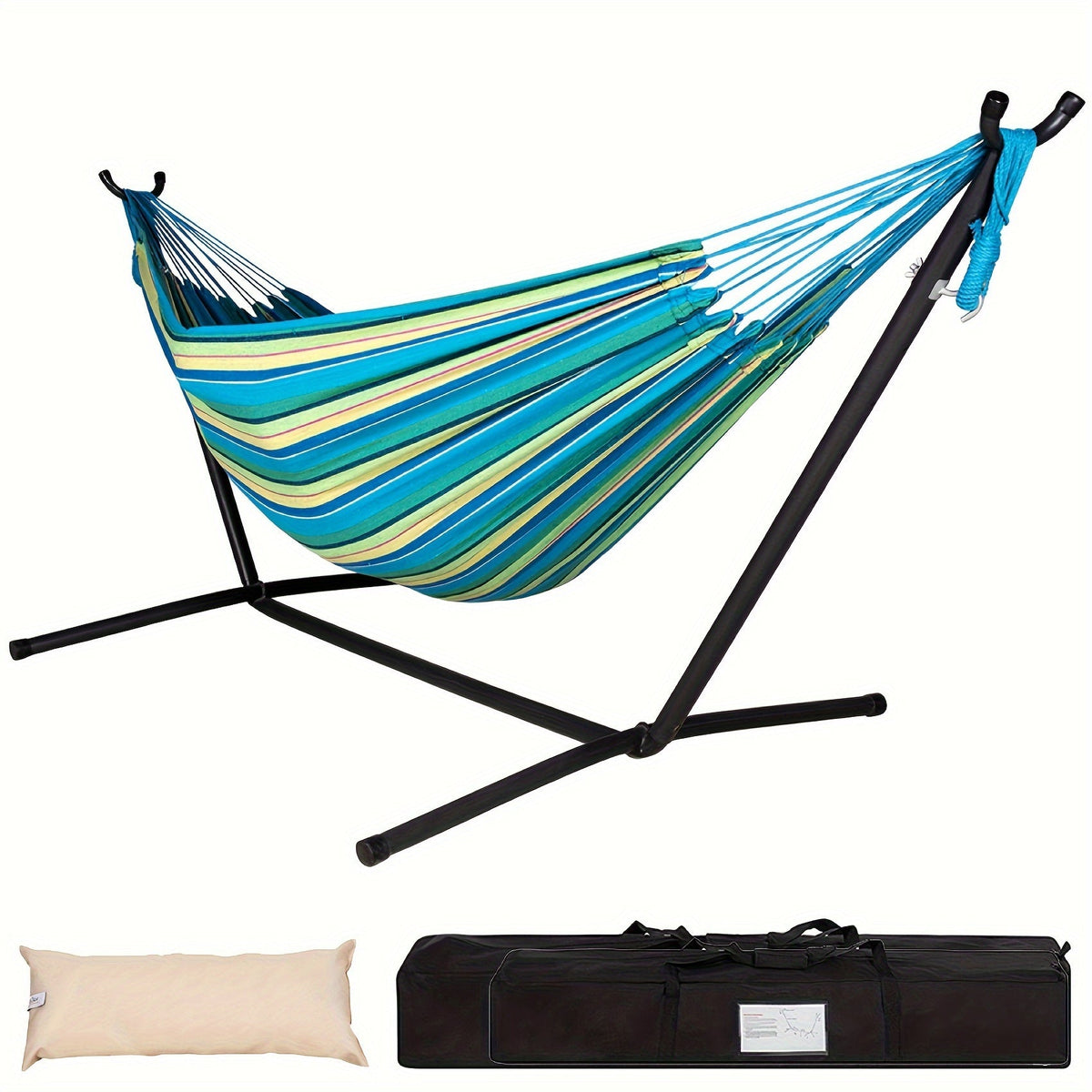 Striped hammock with stand, pillow, and carrying bag on a white background