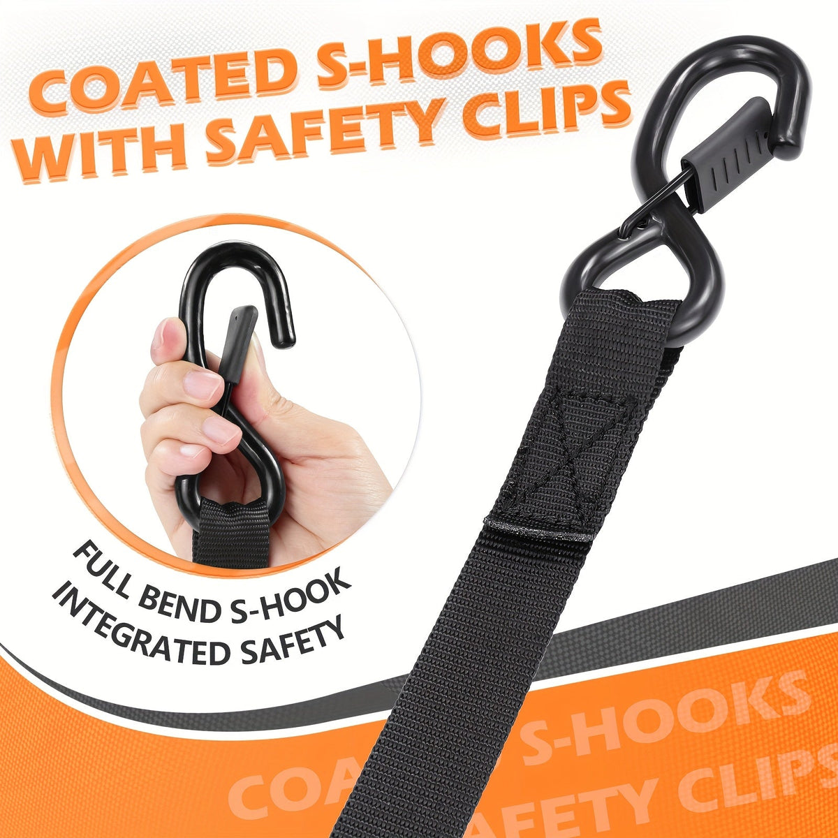 Coated S-hooks with safety clips on a white background