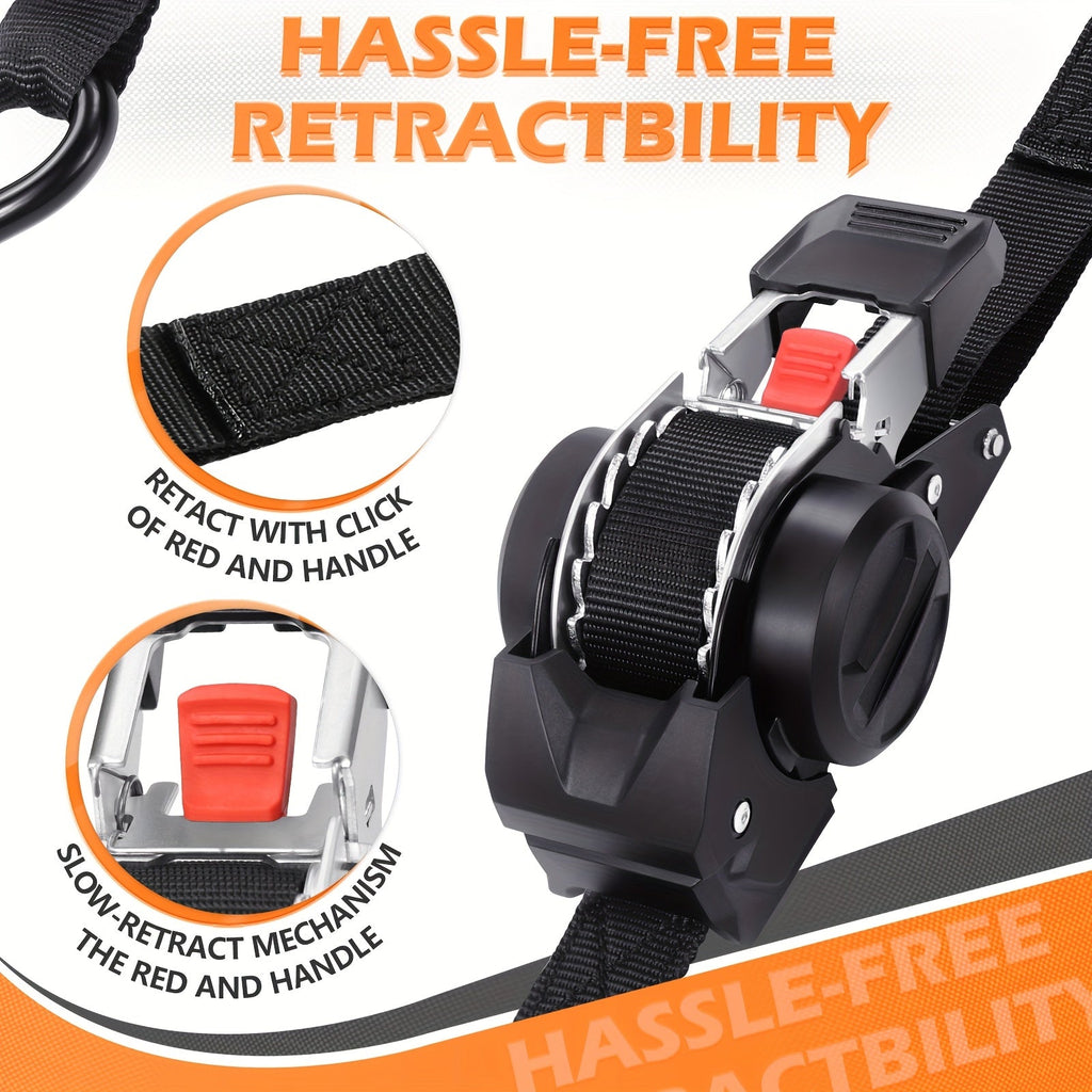 Retractable strap mechanism with text highlighting hassle-free retraction.