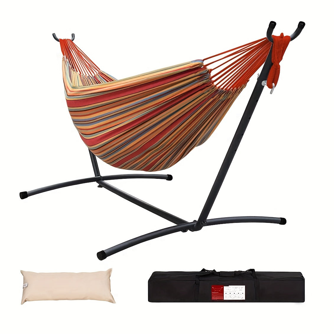 Striped hammock with stand, pillow, and carrying bag on a white background