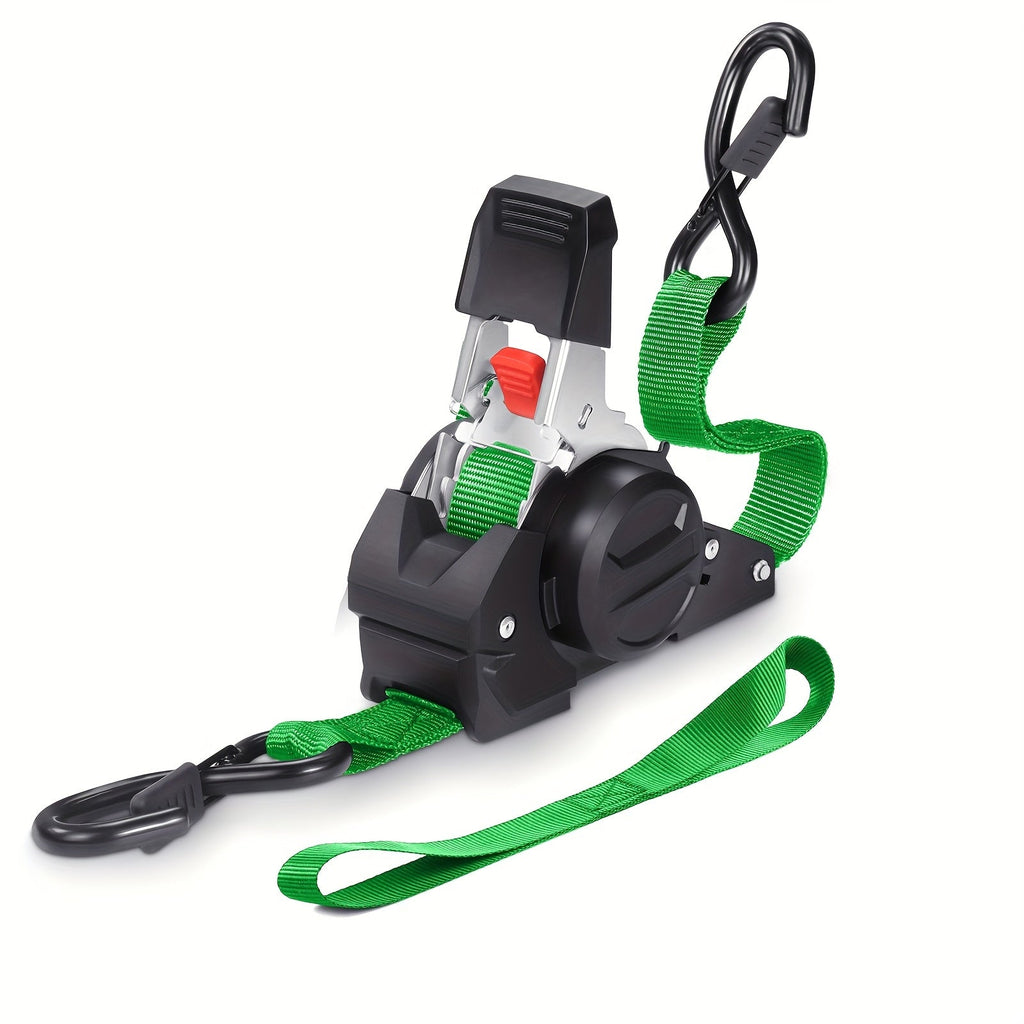 Green vehicle cargo strap with black carabiner on a white background