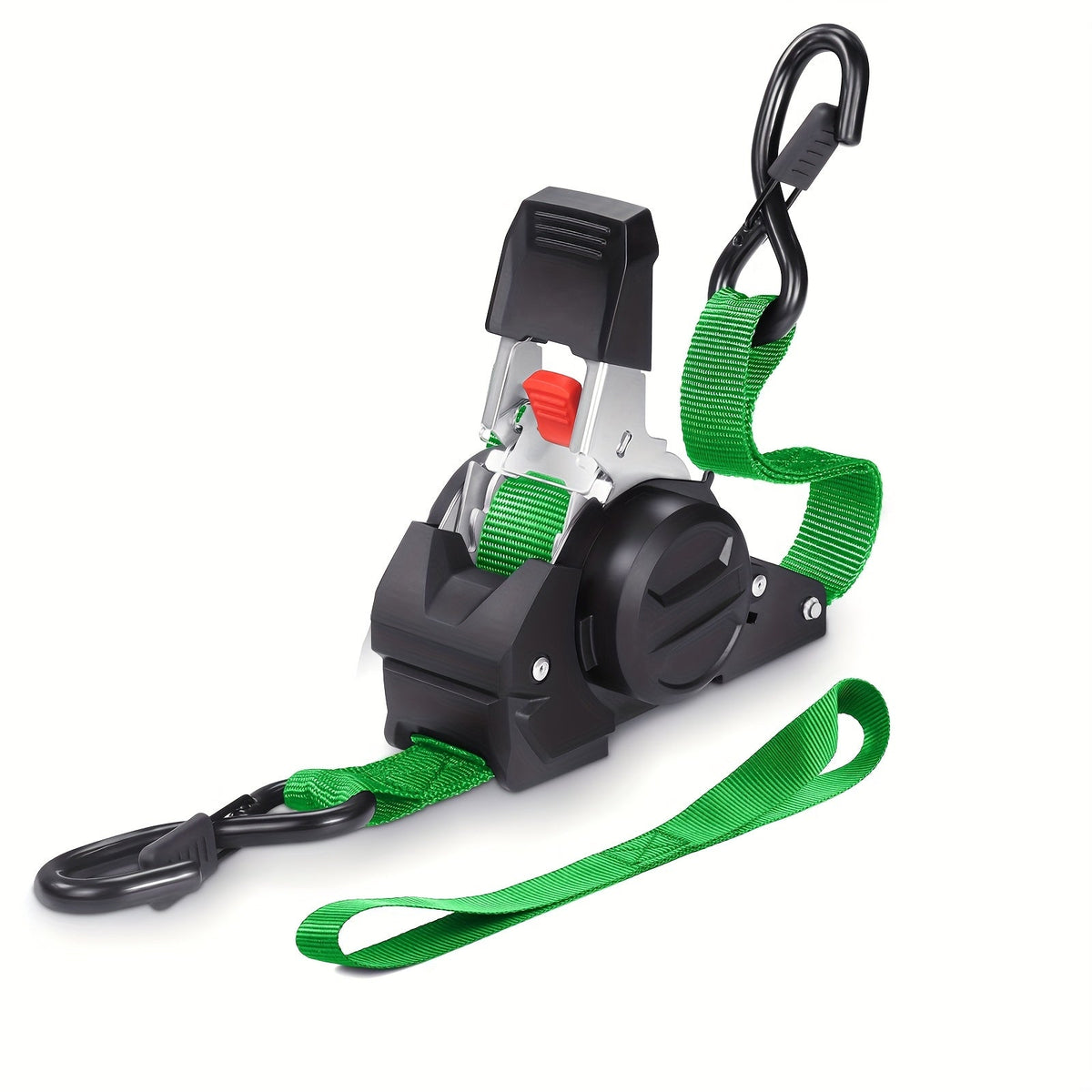 Green vehicle cargo strap with black carabiner on a white background