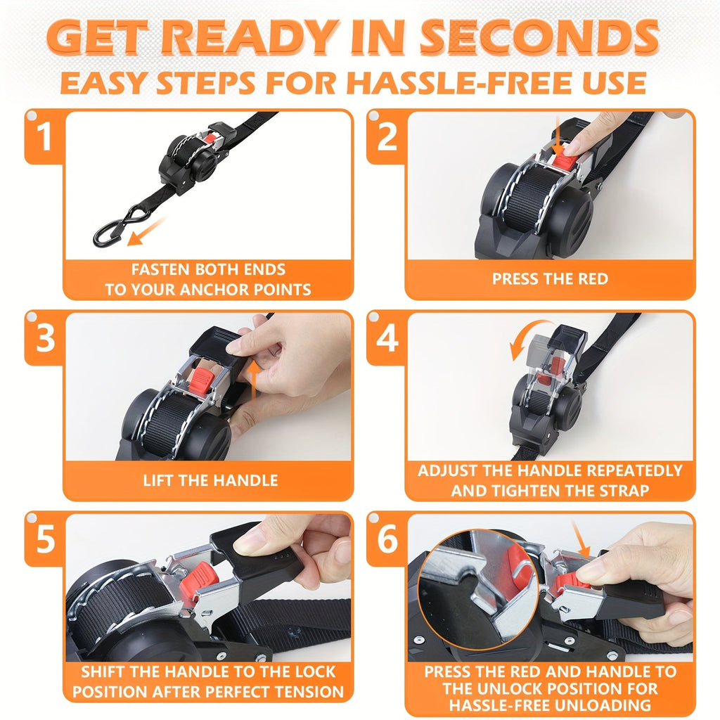 Step-by-step guide on how to use a strap tensioner with images and text instructions.