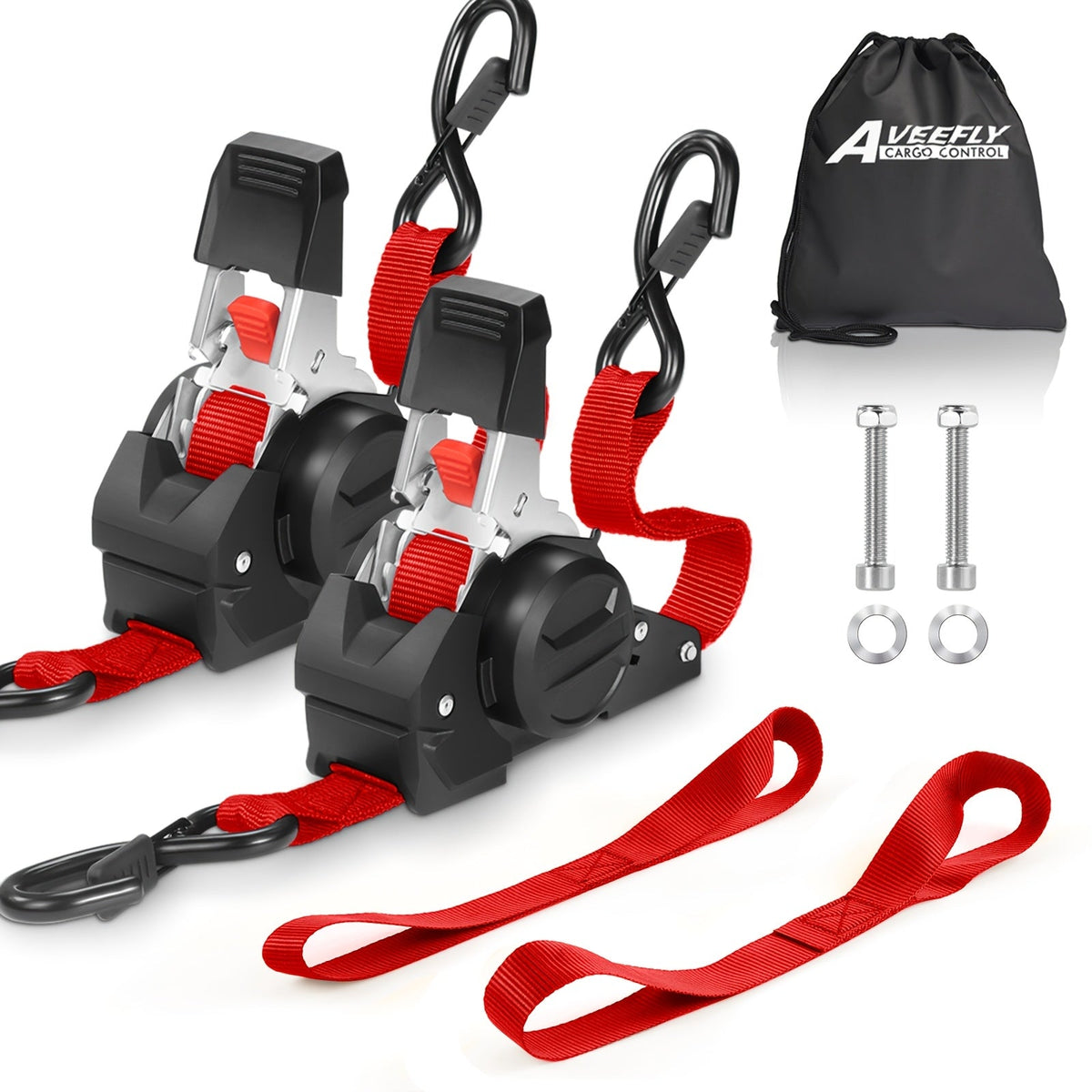 Set of cargo straps with black and red design, Aveeffly branded drawstring bag, and additional hardware on a white background.