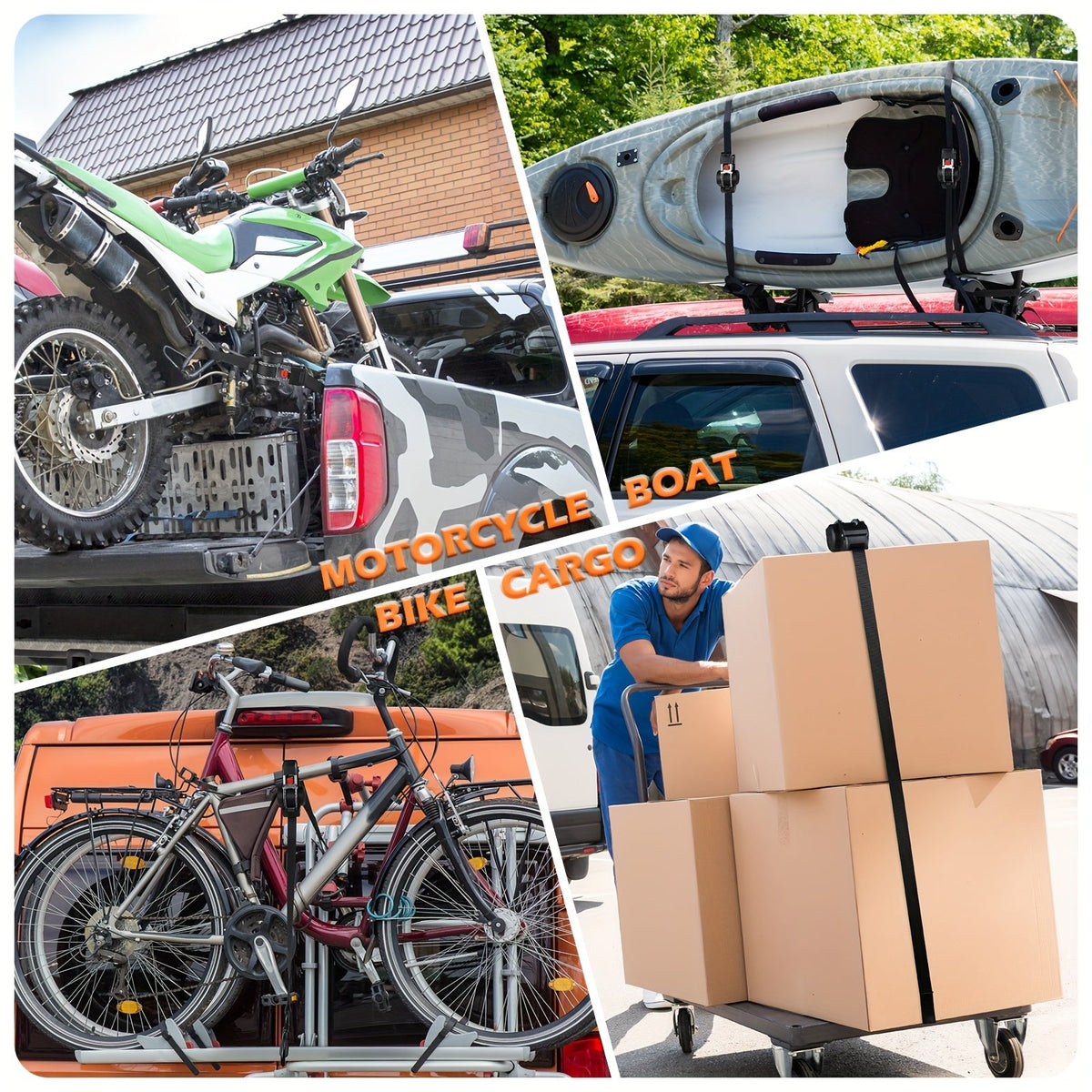 Collage of various cargo transportation methods including a motorcycle, boat, bicycle, and boxes.