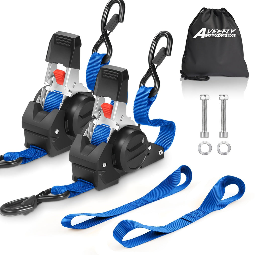 Set of cargo straps with blue webbing, black clamps, and accessories on a white background.