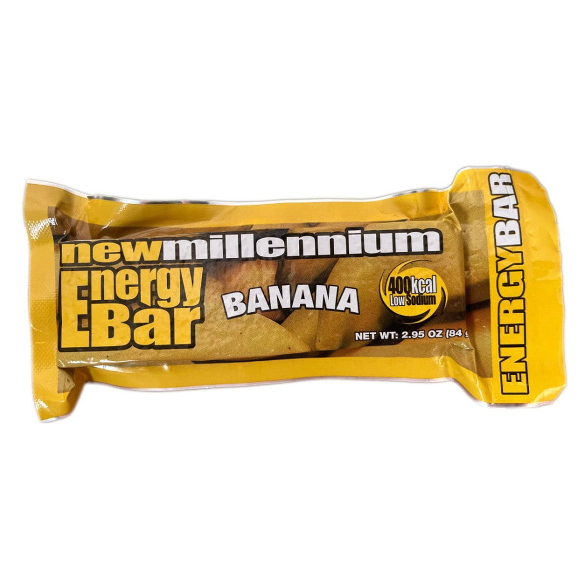 New Millennium Energy Bar Banana flavor packaging on a white background