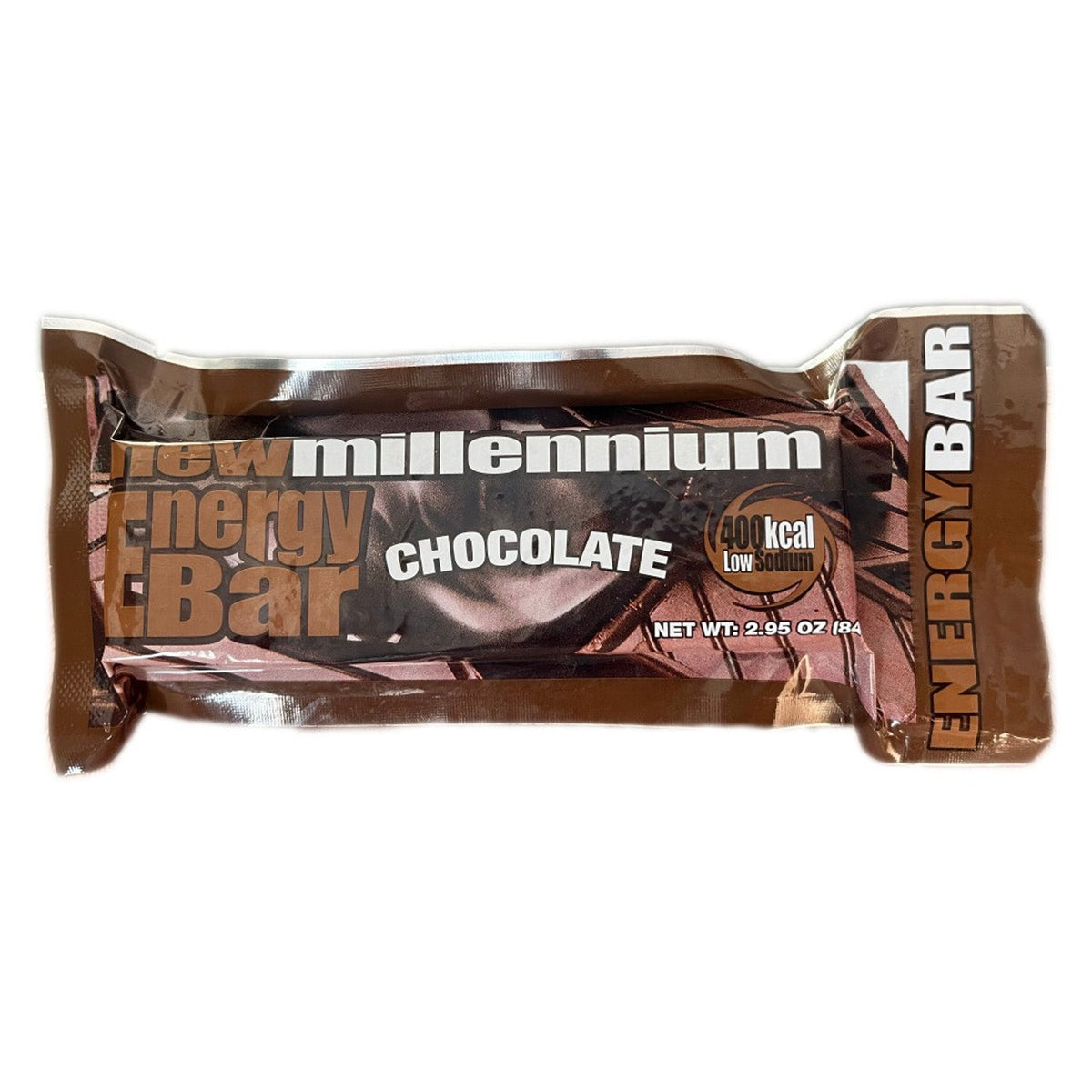 Chocolate energy bar with 'New Millennium' branding on a white background