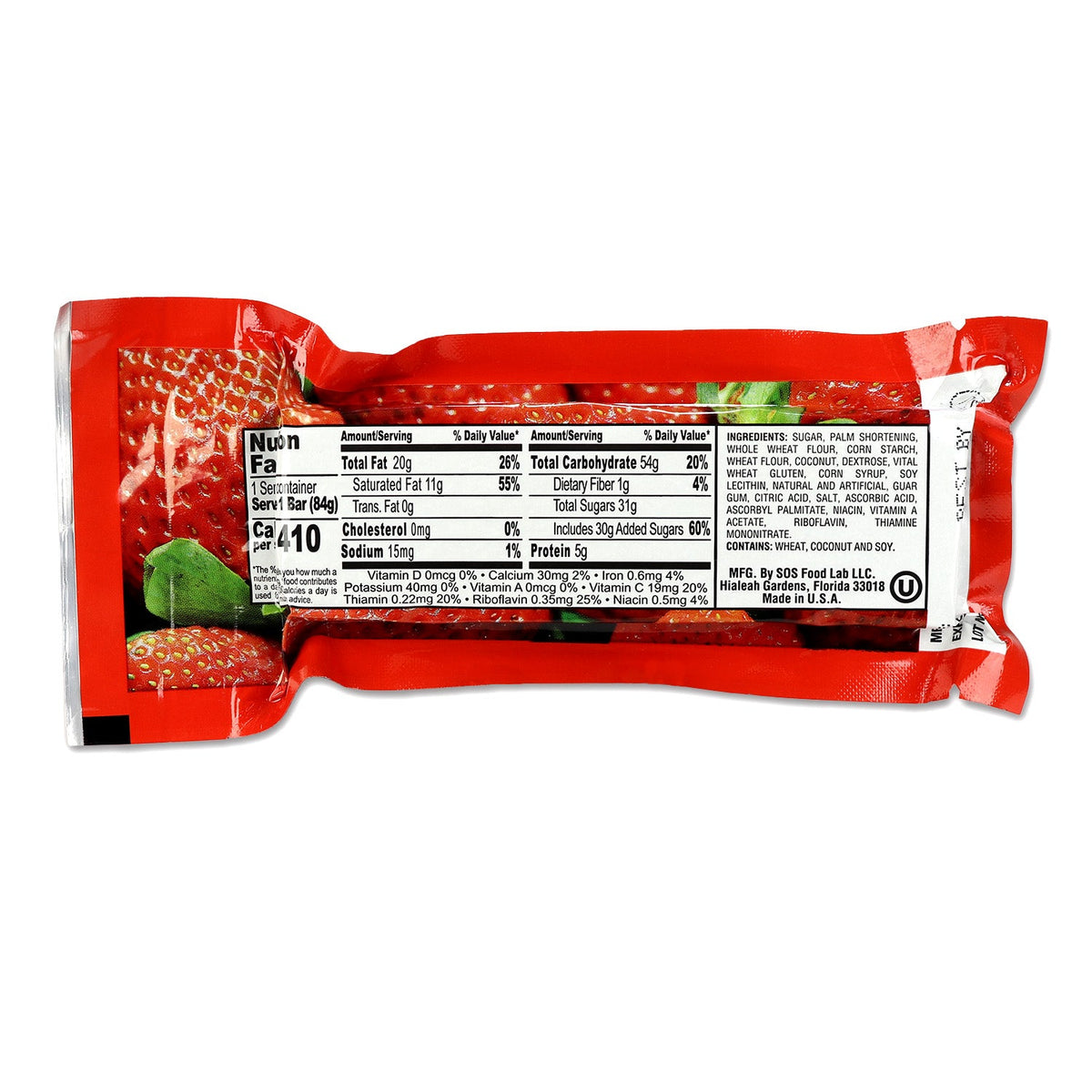 Red snack bar package with nutrition label on a white background
