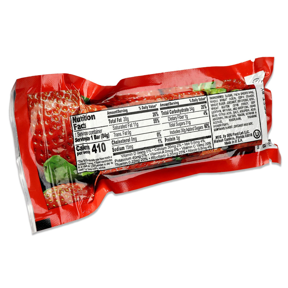 Red snack package with visible nutrition label on a white background
