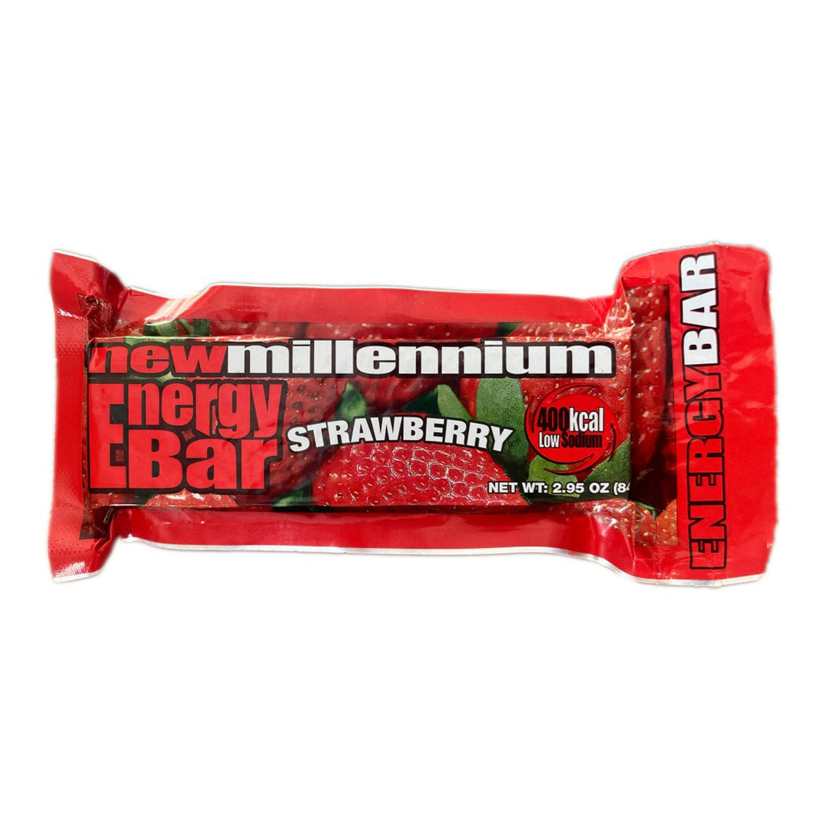 New Millennium Strawberry energy bar packaging on a white background