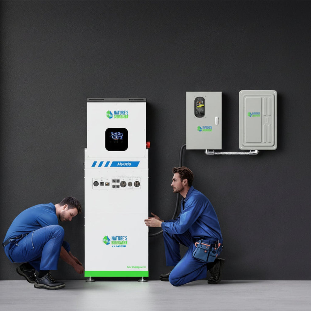 Two technicians working on a large energy storage system with 'Nature's Green Energy' branding against a dark gray background.