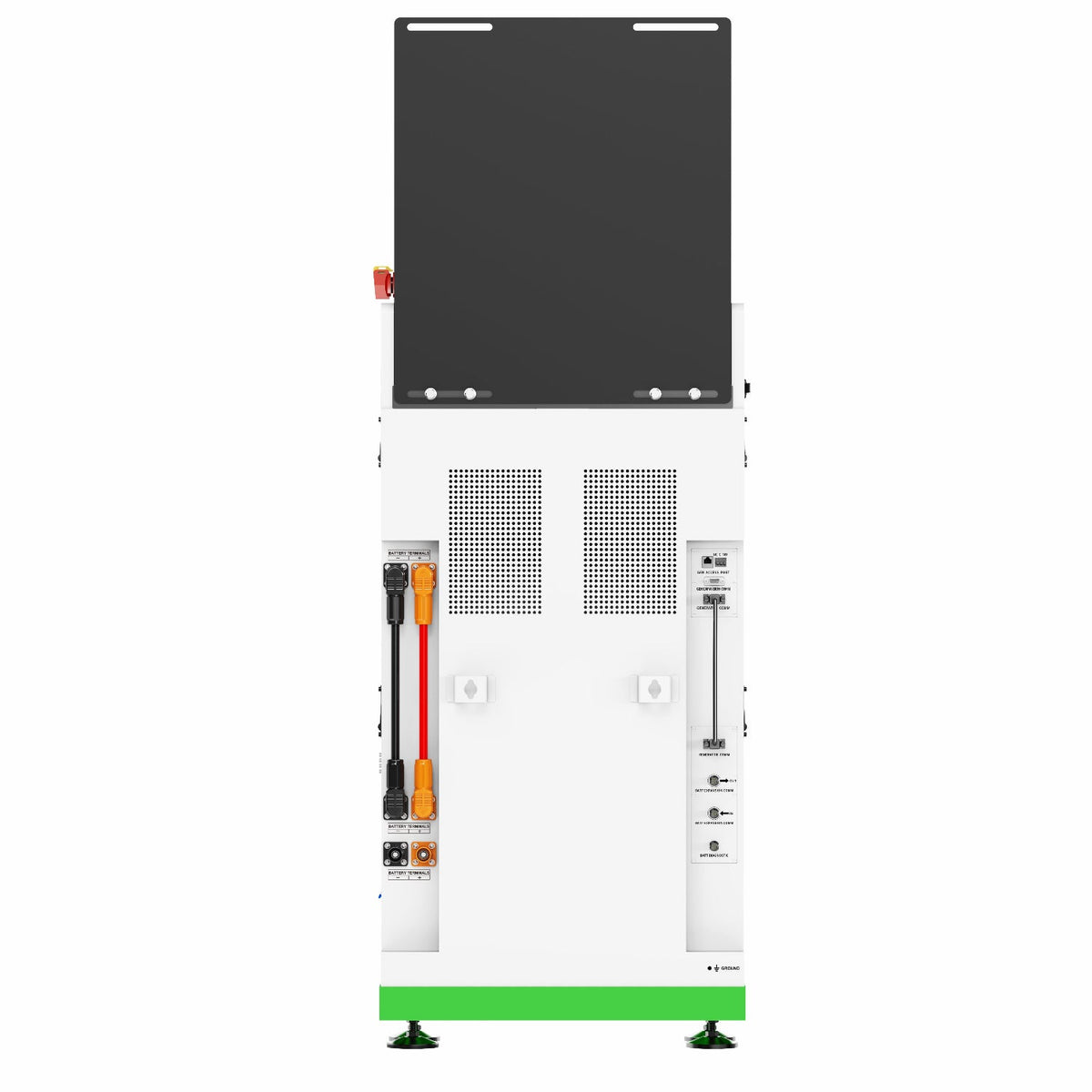 A white industrial electronic control cabinet or power supply unit with a large black front panel, ventilation grilles, control levers, and a bright green base trim, shown on a plain white background.