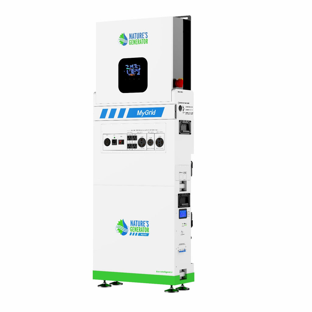 A tall white portable power station with green and blue branding for Nature's Generator MyGrid, featuring multiple outlets, a digital display screen, and a green base, shown on a solid white background.